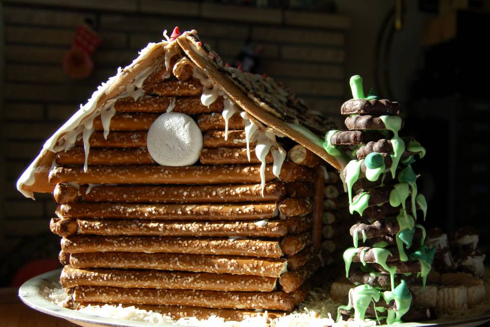 Cozy Log Cabin Gingerbread House in the Snow - FruitPunchington